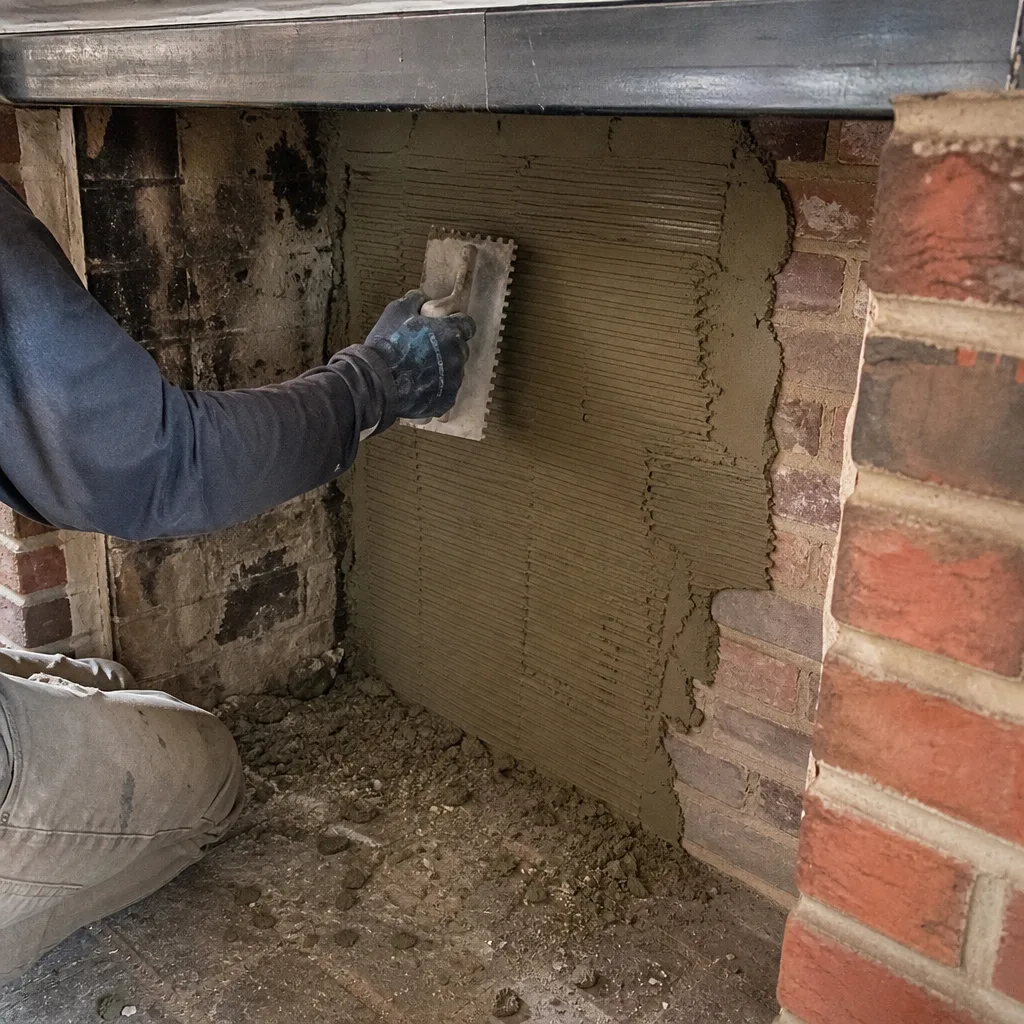 Professional contractor applying mortar to a fireplace during maintenance service