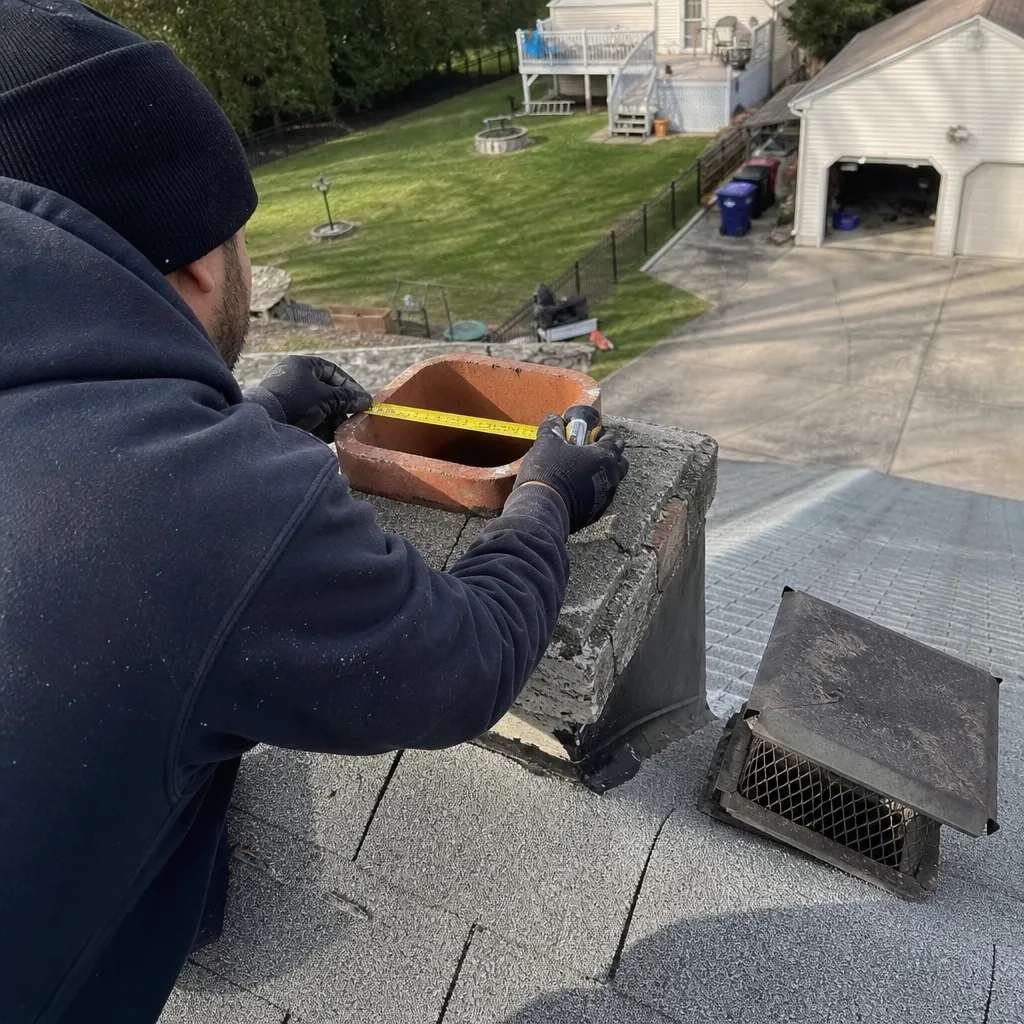 Professional measuring chimney flue for custom chimney cap and crown installation in Reading, PA