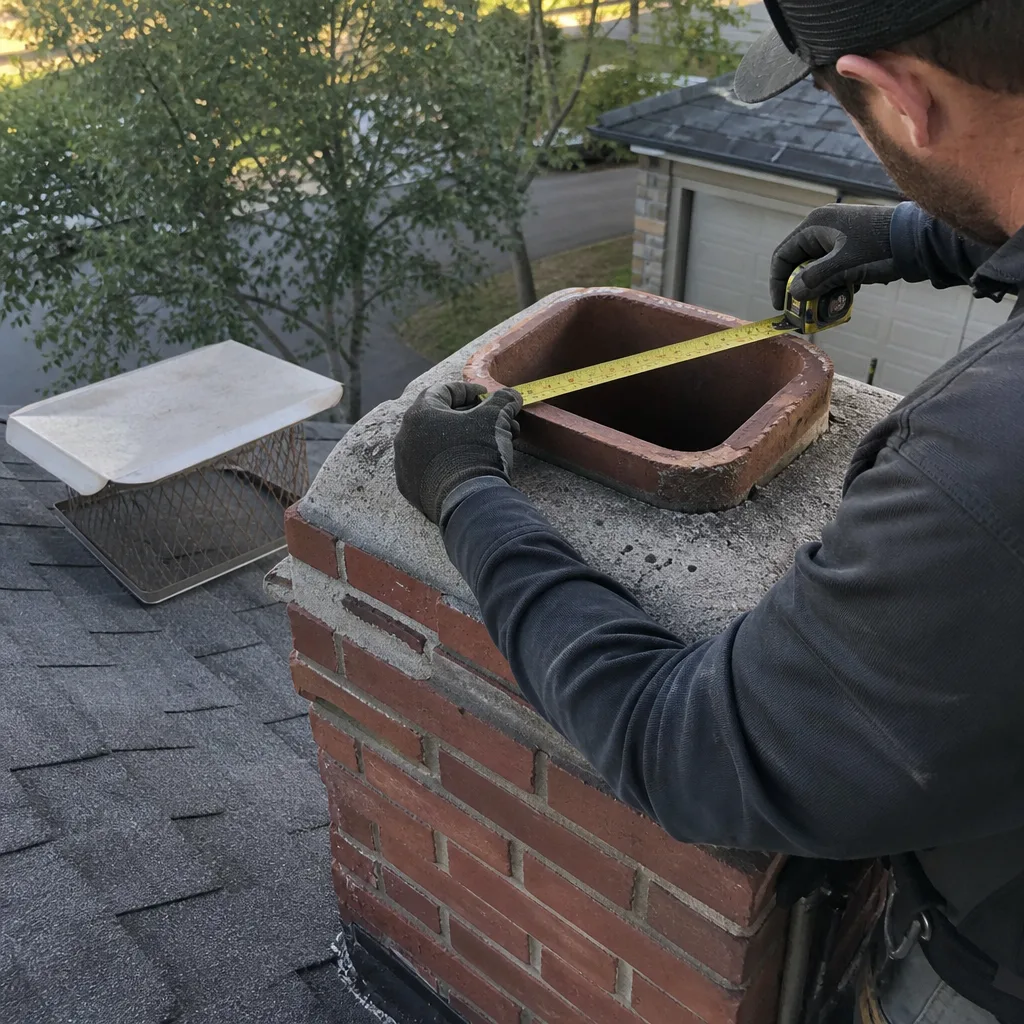 Technician measuring brick chimney crown for new chimney cap installation in Reading, PA