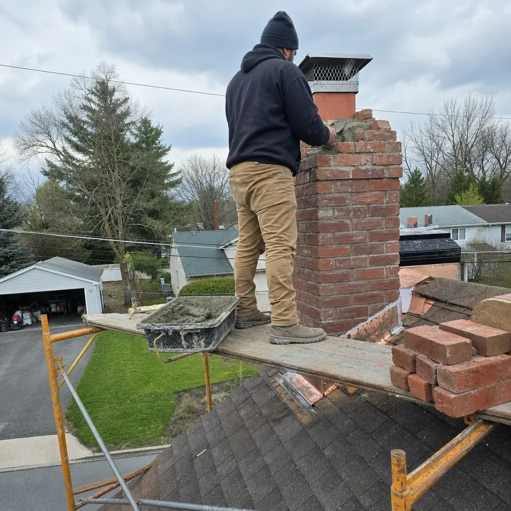 Mason performing professional chimney rebuild and liner repair on a roof in Reading, PA