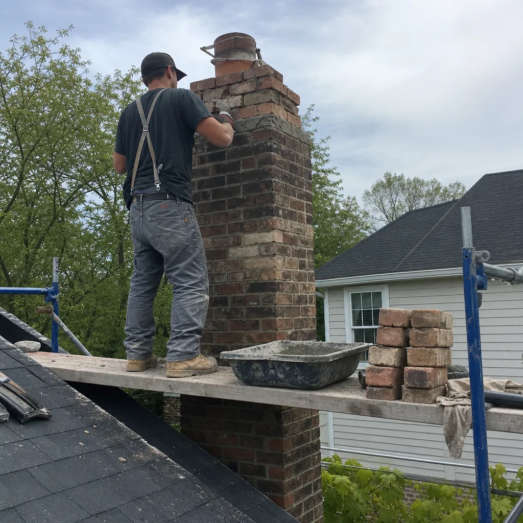 Professional masonry worker rebuilding a brick chimney on a residential roof in Reading, PA
